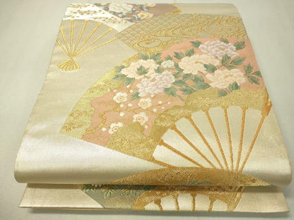 平和屋着物▼六通柄袋帯　唐織　扇面花文　金銀糸　正絹　逸品　CAAV8624vp