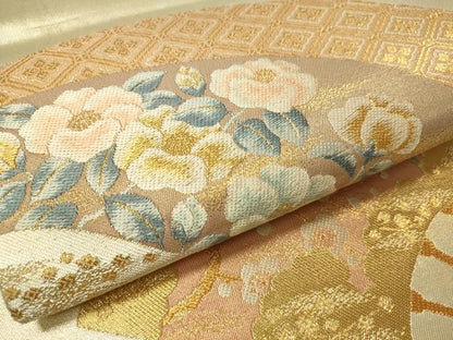 平和屋着物▼六通柄袋帯　唐織　扇面花文　金銀糸　正絹　逸品　CAAV8624vp