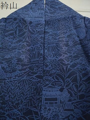 平和屋着物▽上質な小紋　単衣　本藍　型絵染　風景草花文　正絹　逸品　CAAV8868gh