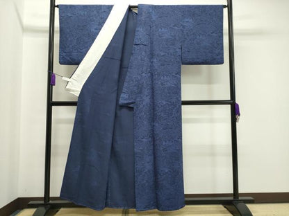 平和屋着物▽上質な小紋　単衣　本藍　型絵染　風景草花文　正絹　逸品　CAAV8868gh