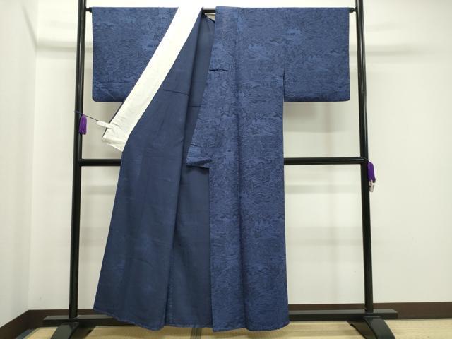平和屋着物▽上質な小紋　単衣　本藍　型絵染　風景草花文　正絹　逸品　CAAV8868gh