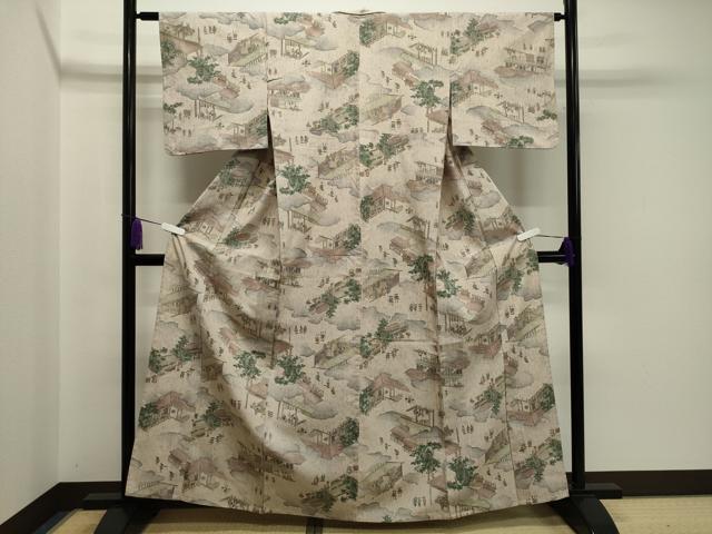 平和屋着物▽上質な紬 単衣 人物風景文 正絹 逸品 CAAV8873gh