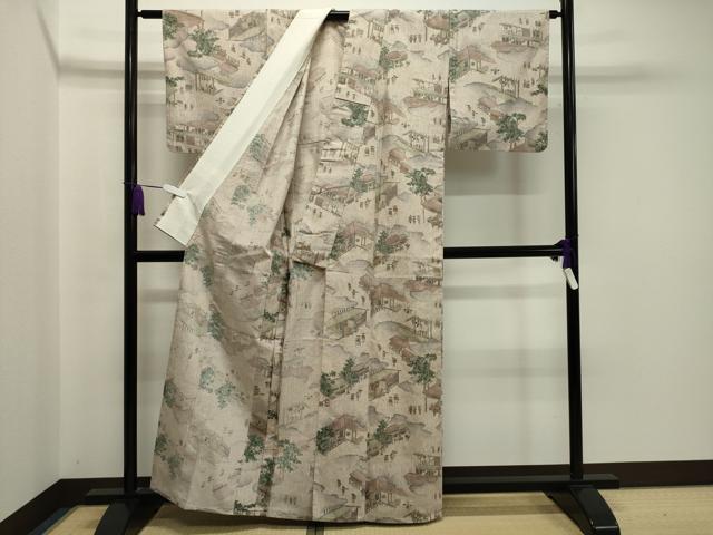 平和屋着物▽上質な紬 単衣 人物風景文 正絹 逸品 CAAV8873gh
