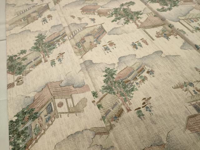 平和屋着物▽上質な紬 単衣 人物風景文 正絹 逸品 CAAV8873gh
