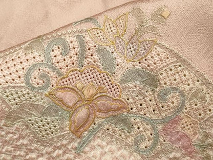 平和屋着物▽中国三大刺繍 スワトウ刺繍 訪問着 単衣 絞り 地紙重ね花唐草文 金彩 正絹 逸品 CAAV8876gh
