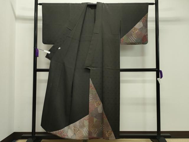 平和屋着物▽三代目更勝 訪問着 単衣 切嵌更紗花文 黒地 ゑり善扱い 正絹 逸品 CAAV8882gh