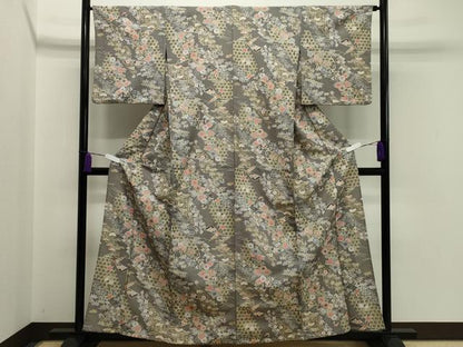 平和屋着物▽小紋 単衣 扇面松竹梅文 金彩 洗える着物 CAAV8888gh