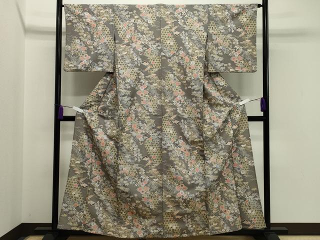 平和屋着物▽小紋 単衣 扇面松竹梅文 金彩 洗える着物 CAAV8888gh