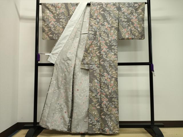 平和屋着物▽小紋 単衣 扇面松竹梅文 金彩 洗える着物 CAAV8888gh