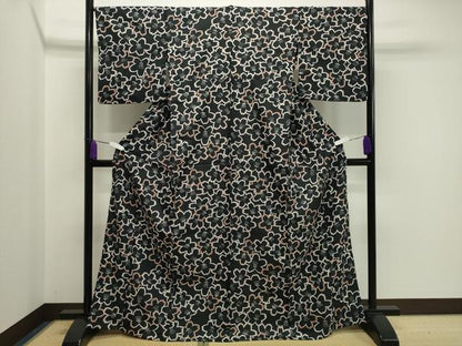 平和屋着物▽小紋 単衣 舞桜文 黒地 洗える着物 CAAV8898gh