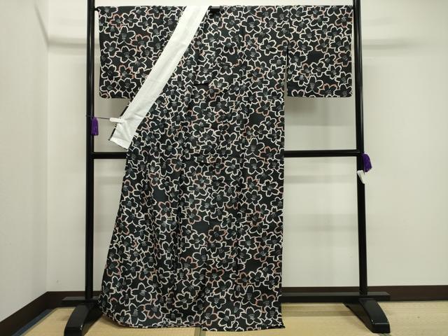 平和屋着物▽小紋 単衣 舞桜文 黒地 洗える着物 CAAV8898gh