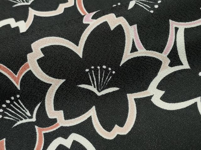 平和屋着物▽小紋 単衣 舞桜文 黒地 洗える着物 CAAV8898gh
