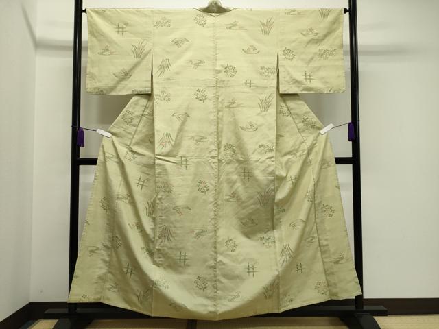 平和屋着物▽上質な紬 単衣 花鳥文 正絹 逸品 CAAV8901gh