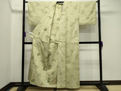 平和屋着物▽上質な紬 単衣 花鳥文 正絹 逸品 CAAV8901gh