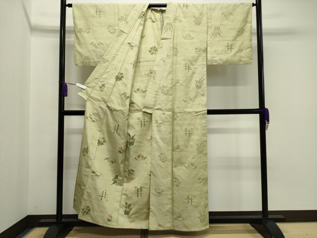 平和屋着物▽上質な紬 単衣 花鳥文 正絹 逸品 CAAV8901gh