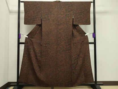 平和屋着物▽上質な小紋 単衣 型染め 切嵌吉祥文 黒地 鬼しぼ縮緬 正絹 逸品 CAAV8911gh