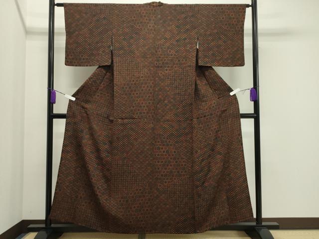 平和屋着物▽上質な小紋 単衣 型染め 切嵌吉祥文 黒地 鬼しぼ縮緬 正絹 逸品 CAAV8911gh