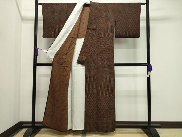 平和屋着物▽上質な小紋 単衣 型染め 切嵌吉祥文 黒地 鬼しぼ縮緬 正絹 逸品 CAAV8911gh