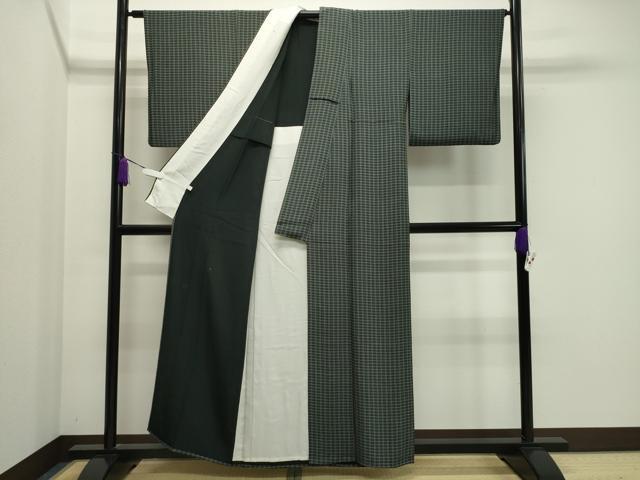平和屋着物▽伝統工芸士 三橋観雪 小紋 単衣 格子柄 黒地 正絹 逸品 CAAV8912gh