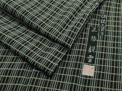 平和屋着物▽伝統工芸士 三橋観雪 小紋 単衣 格子柄 黒地 正絹 逸品 CAAV8912gh