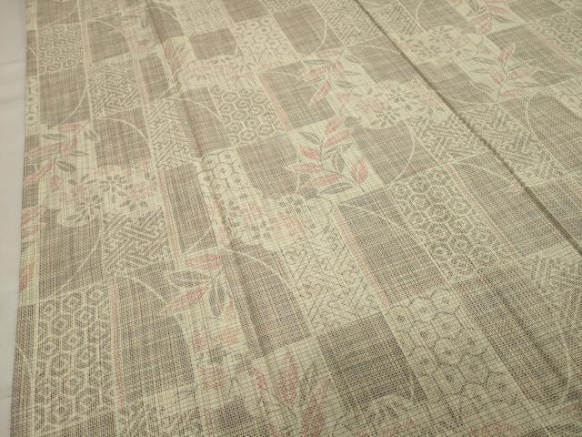平和屋着物▽上質な紬 単衣 雲取り市松草花文 正絹 逸品 CAAV8927gh