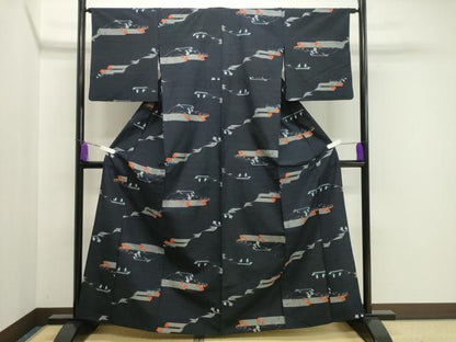 平和屋着物▽上質な紬　単衣　草花文　正絹　逸品　CAAV8929gh
