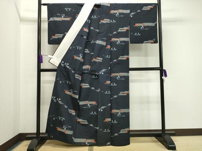 平和屋着物▽上質な紬　単衣　草花文　正絹　逸品　CAAV8929gh