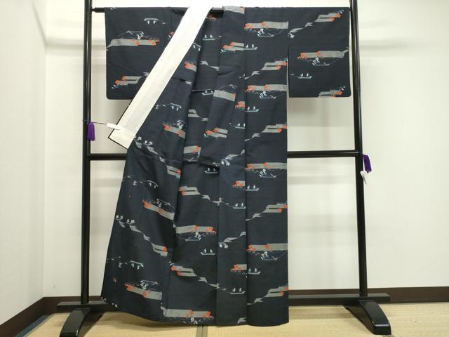 平和屋着物▽上質な紬　単衣　草花文　正絹　逸品　CAAV8929gh