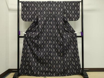 平和屋着物▽上質なお召　単衣　菱吉祥花文　正絹　逸品　CAAV8932gh