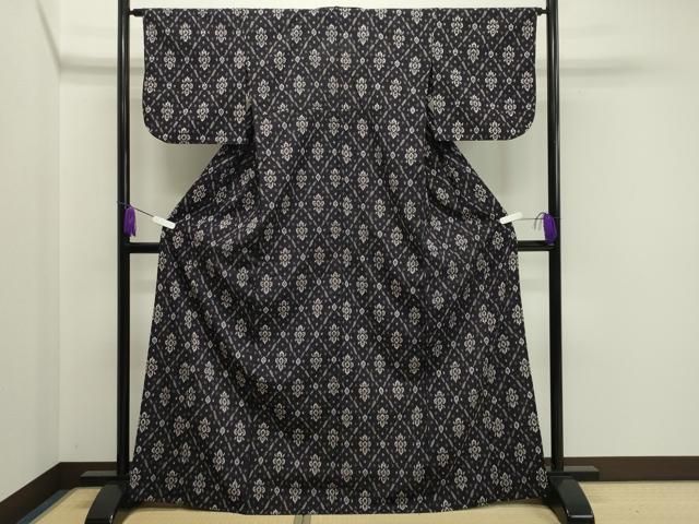 平和屋着物▽上質なお召　単衣　菱吉祥花文　正絹　逸品　CAAV8932gh