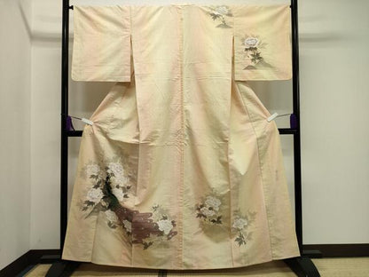平和屋着物▽訪問着　単衣　紬地　作家物　手描き　孔雀花文　正絹　逸品　CAAV8949gh