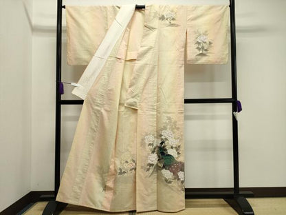 平和屋着物▽訪問着　単衣　紬地　作家物　手描き　孔雀花文　正絹　逸品　CAAV8949gh