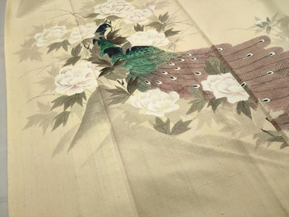 平和屋着物▽訪問着　単衣　紬地　作家物　手描き　孔雀花文　正絹　逸品　CAAV8949gh