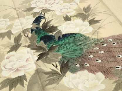 平和屋着物▽訪問着　単衣　紬地　作家物　手描き　孔雀花文　正絹　逸品　CAAV8949gh
