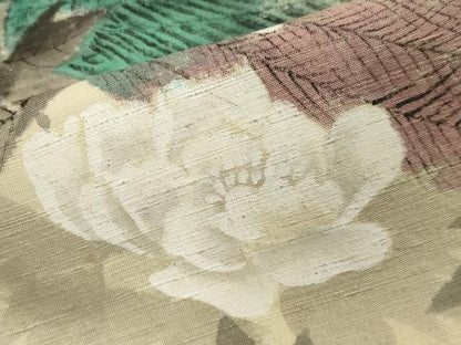 平和屋着物▽訪問着　単衣　紬地　作家物　手描き　孔雀花文　正絹　逸品　CAAV8949gh