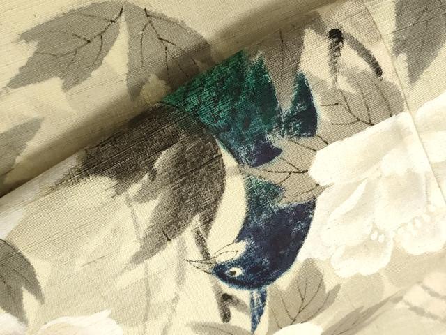 平和屋着物▽訪問着　単衣　紬地　作家物　手描き　孔雀花文　正絹　逸品　CAAV8949gh