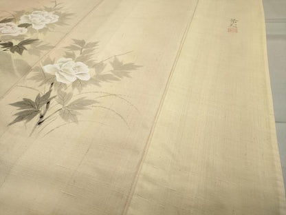 平和屋着物▽訪問着　単衣　紬地　作家物　手描き　孔雀花文　正絹　逸品　CAAV8949gh
