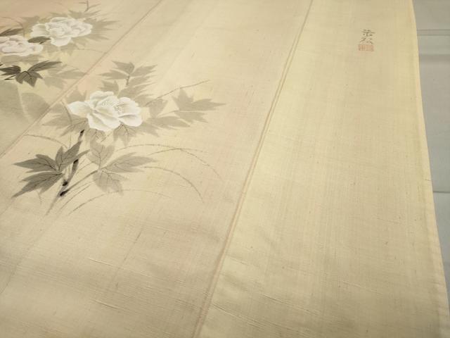 平和屋着物▽訪問着　単衣　紬地　作家物　手描き　孔雀花文　正絹　逸品　CAAV8949gh