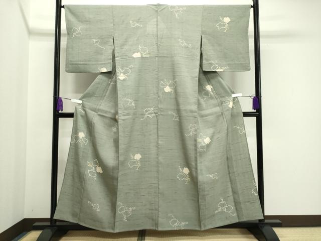 平和屋着物▽生紬 単衣 葡萄蔦の葉文 三越扱い 正絹 逸品 CAAV8951gh