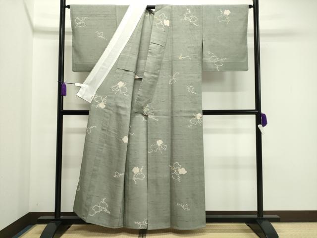 平和屋着物▽生紬 単衣 葡萄蔦の葉文 三越扱い 正絹 逸品 CAAV8951gh