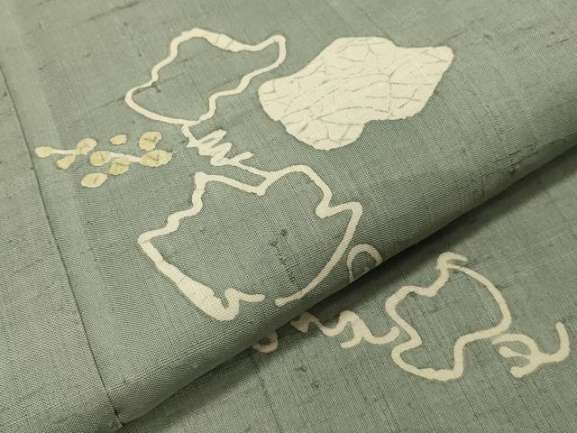 平和屋着物▽生紬 単衣 葡萄蔦の葉文 三越扱い 正絹 逸品 CAAV8951gh