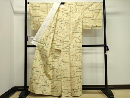 平和屋着物▽上質な紬 単衣 エ霞麻の葉文様 正絹 逸品 未使用 CAAV8956gh