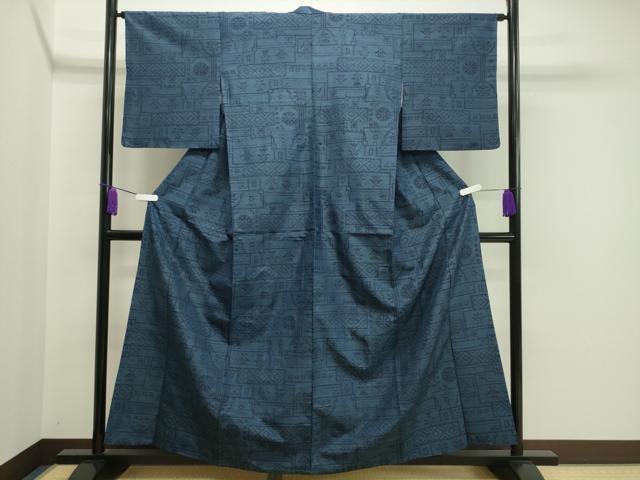 平和屋着物▽上質な紬 単衣 吉祥花文 正絹 逸品 CAAV8958gh