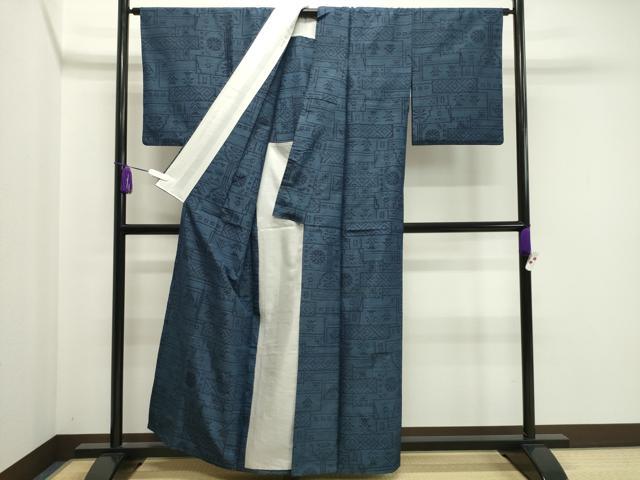 平和屋着物▽上質な紬 単衣 吉祥花文 正絹 逸品 CAAV8958gh