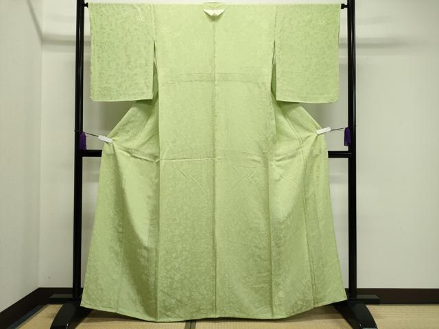 平和屋着物▽上質な色無地 単衣 更紗花唐草地紋 若菜色 正絹 逸品 未使用 CAAV8960gh