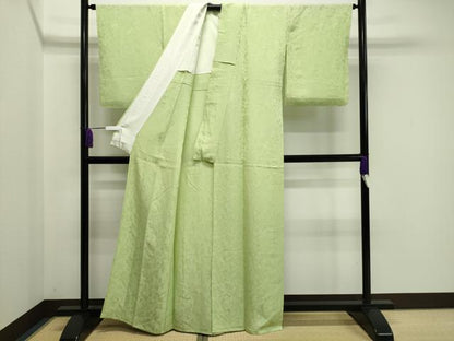 平和屋着物▽上質な色無地 単衣 更紗花唐草地紋 若菜色 正絹 逸品 未使用 CAAV8960gh