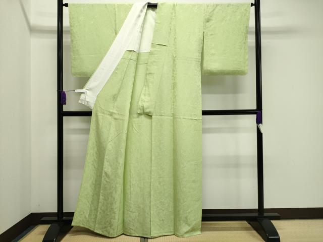 平和屋着物▽上質な色無地 単衣 更紗花唐草地紋 若菜色 正絹 逸品 未使用 CAAV8960gh