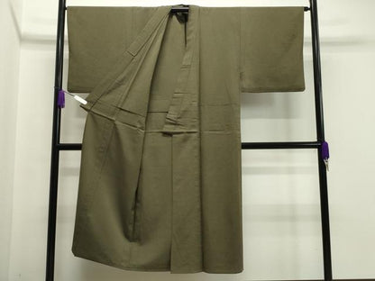 平和屋着物▽男性 髭紬 単衣 黄海松茶色 正絹 逸品 CAAV8975gh