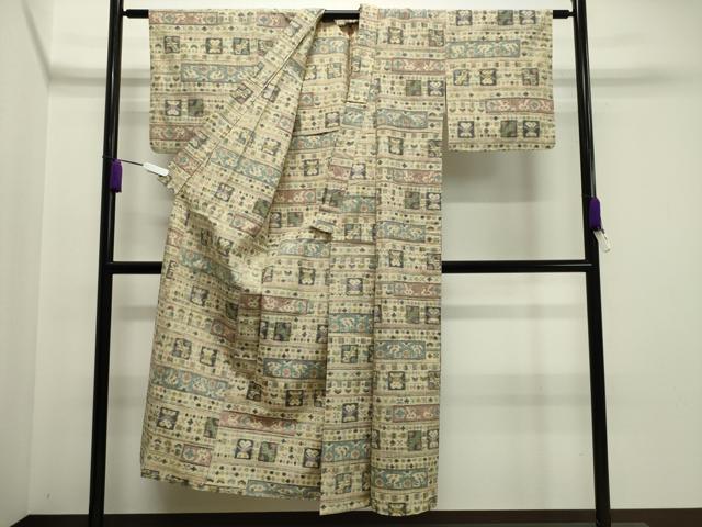 平和屋着物▽上質な紬　単衣　横段吉祥花鳥文　正絹　逸品　CAAV8980gh