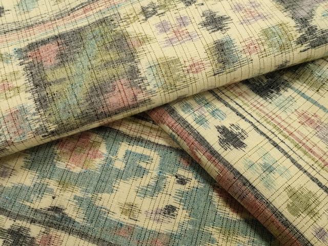 平和屋着物▽上質な紬　単衣　横段吉祥花鳥文　正絹　逸品　CAAV8980gh